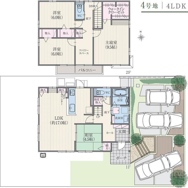 Floor plan.  [No. 4 place] So we have drawn on the basis of the Plan view] drawings, Plan and the outer structure ・ Planting, such as might actually differ slightly from.  Also, The car is not included in the price. 