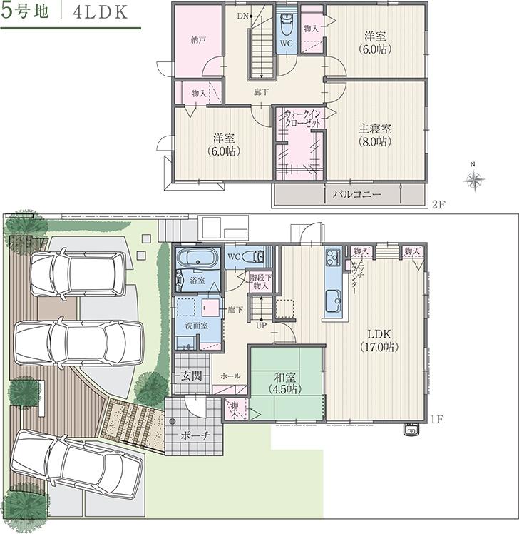 Floor plan.  [No. 5 areas] So we have drawn on the basis of the Plan view] drawings, Plan and the outer structure ・ Planting, such as might actually differ slightly from.  Also, The car is not included in the price. 