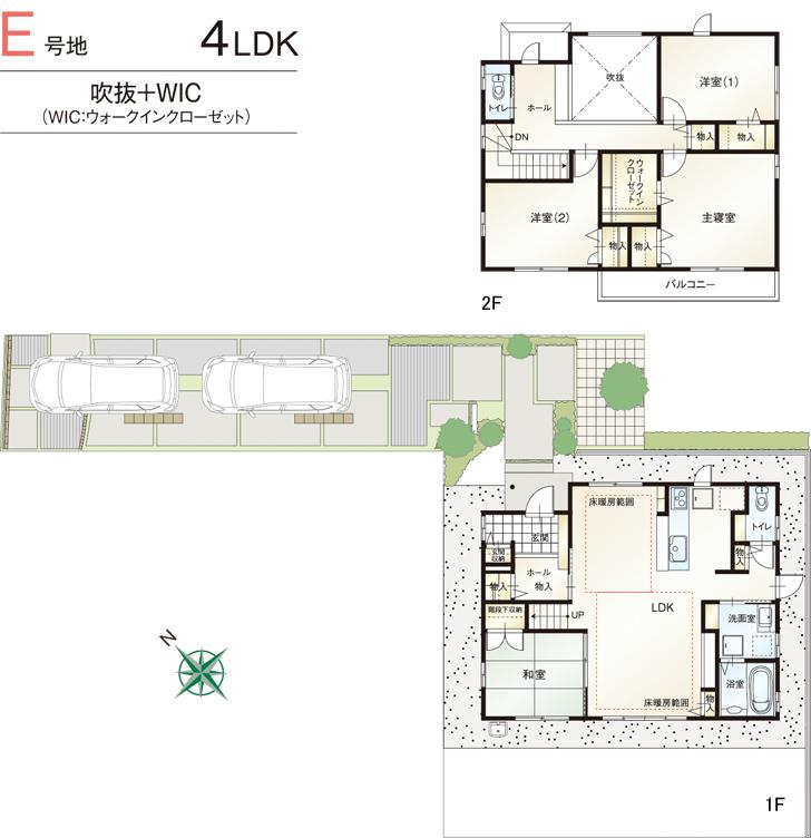 Floor plan.  [E No. land] So we have drawn on the basis of the Plan view] drawings, Plan and the outer structure ・ Planting, such as might actually differ slightly from.  Also, The car is not included in the price. 