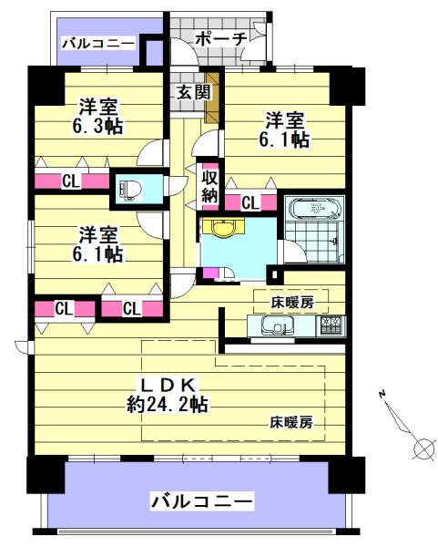 Floor plan. 3LDK, Price 32,800,000 yen, Occupied area 91.33 sq m