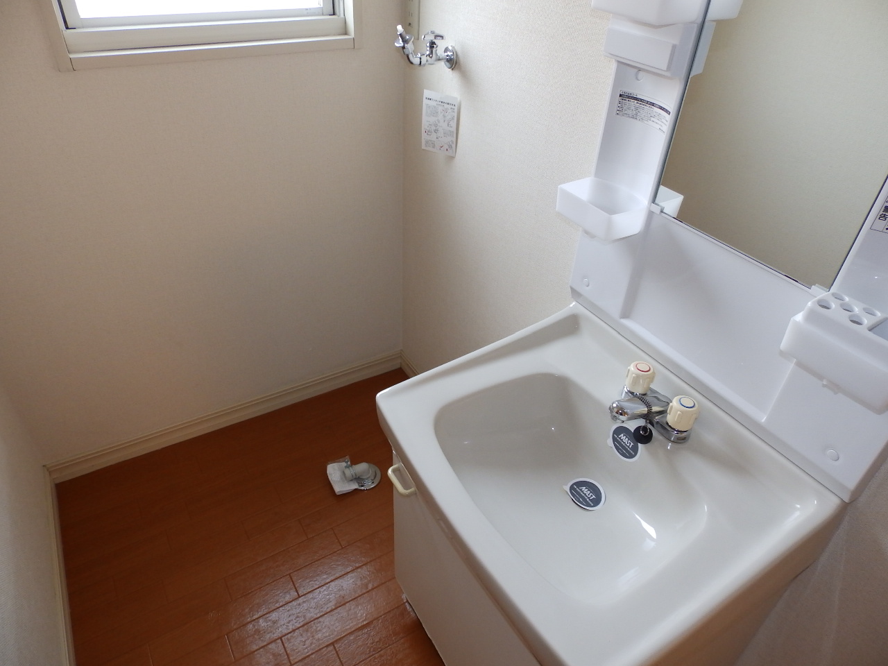 Washroom. Wash basin and washing machine storage with storage shelf