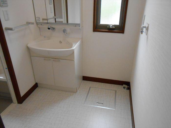 Wash basin, toilet. Spacious washroom