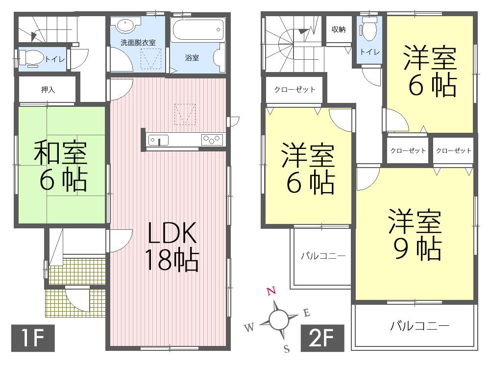Floor plan. 20.8 million yen, 4LDK, Land area 179.05 sq m , Building area 106 sq m   Living is spacious 18 Pledge. Balcony Thank has two rooms worth. It is Nantei enough space, For us to firmly secure the sunlight to the living room or the living room. 