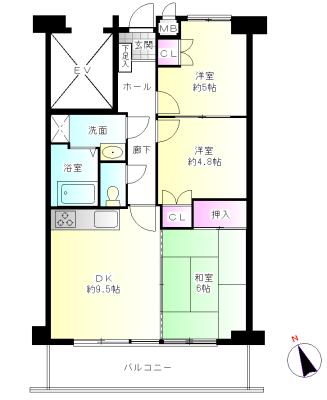 Floor plan. 3DK, Price 9.3 million yen, Occupied area 58.18 sq m , Balcony area 10.08 sq m