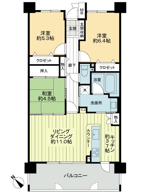 Floor plan. 3LDK, Price 21,800,000 yen, Occupied area 73.05 sq m , Balcony area 13.4 sq m