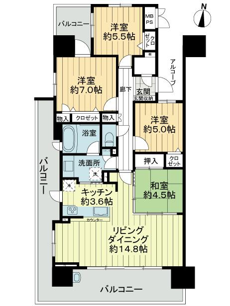 Floor plan. 4LDK, Price 35,800,000 yen, Occupied area 92.22 sq m , Balcony area 33.77 sq m footprint 92.22 sq m , 4LDK, Three-sided balcony.