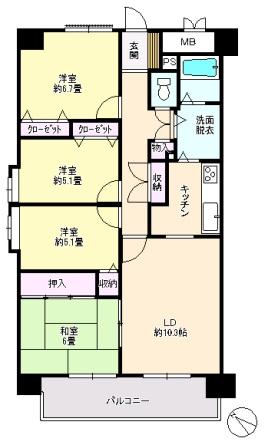 Floor plan. 4LDK, Price 9.8 million yen, Occupied area 84.37 sq m , Balcony area 9.42 sq m