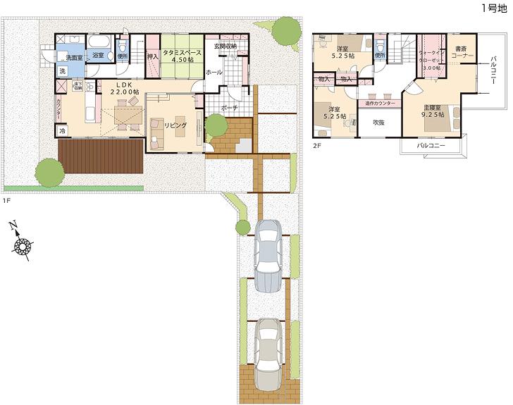 Floor plan.  [No. 1 destination] So we have drawn on the basis of the Plan view] drawings, Plan and the outer structure ・ Planting, such as might actually differ slightly from.  Also, furniture ・ Car, etc. are not included in the price. 