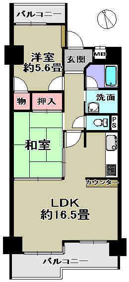 Floor plan. 2LDK, Price 5.5 million yen, Occupied area 62.46 sq m , Balcony area 11.35 sq m