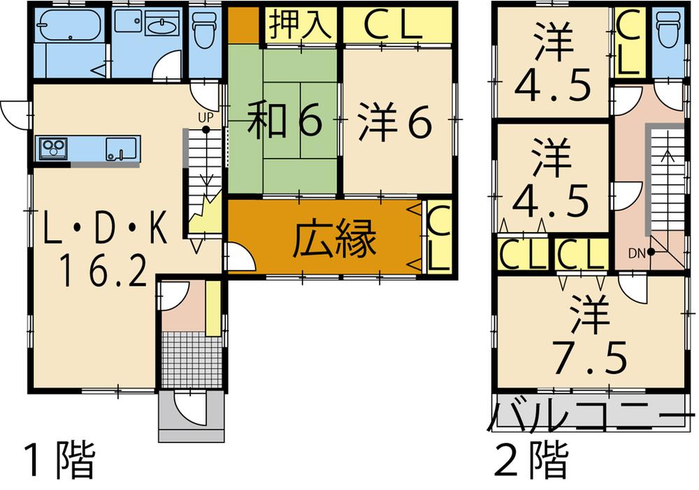 Floor plan. 23,470,000 yen, 5LDK, Land area 214.43 sq m , Building area 117.58 sq m spacious 16.2 Pledge of good water around the face-to-face kitchen and ease of use in the living room. There is a day preeminent wide-brimmed is on the first floor, closet ・ 6 Pledge of Japanese-style room with a Buddhist altar room and Western. Of the room is on the second floor 3 rooms. Toilet 2 places. Terrace Yes.