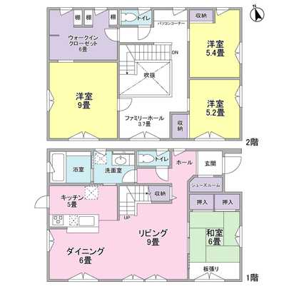 Floor plan. Walk-in closet (about 6-mat) Family Hall (3.7 tatami mats) Yes