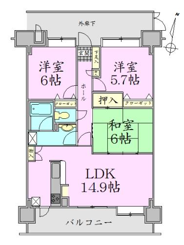 Floor plan. 3LDK, Price 17,900,000 yen, Occupied area 73.55 sq m , Balcony area 13.81 sq m