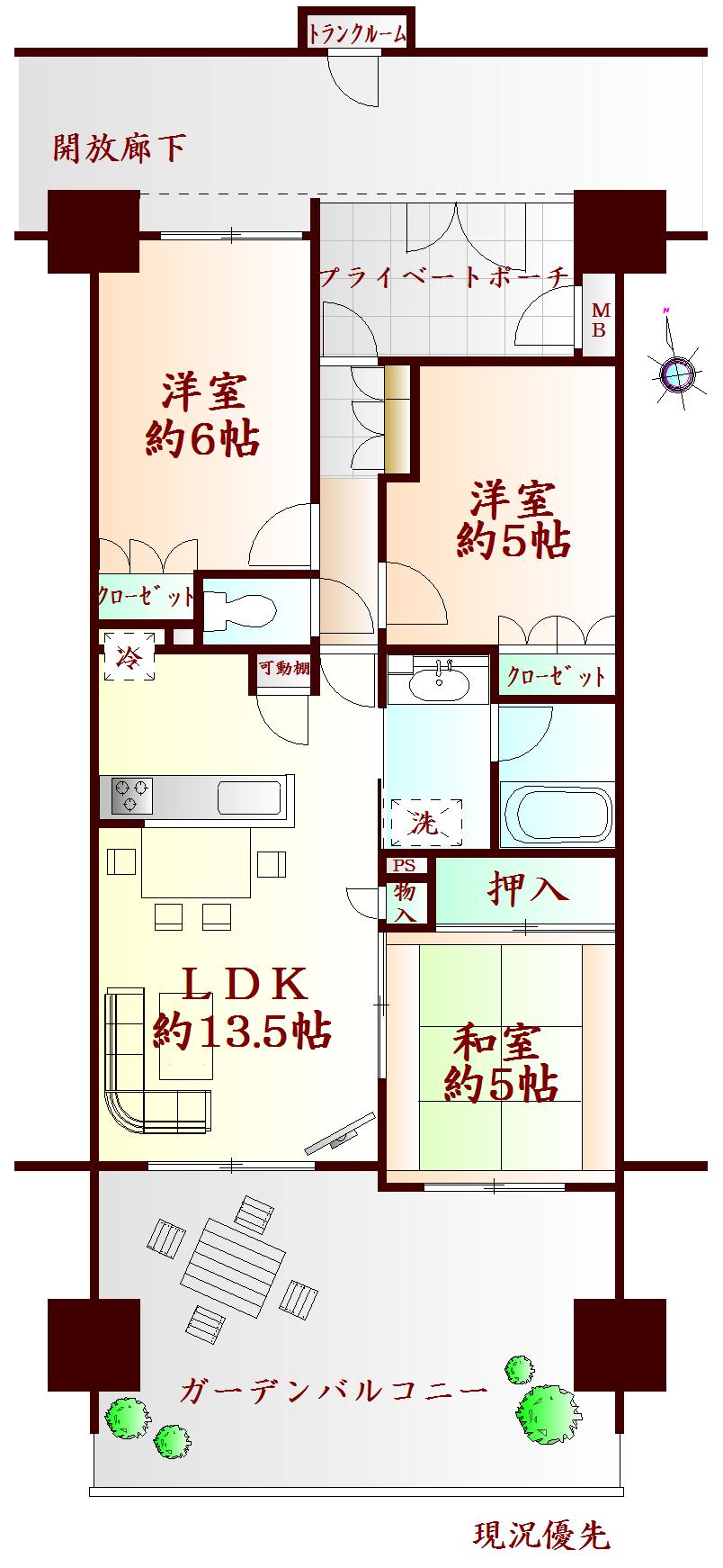 Floor plan. 3LDK, Price 19,800,000 yen, Occupied area 63.71 sq m , Balcony area 24.22 sq m   ※ If the Matrix and the present situation is different, I will consider it as present condition priority ※