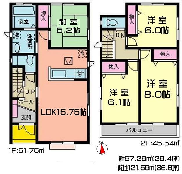 Floor plan. (D Building), Price 25,500,000 yen, 4LDK, Land area 121.59 sq m , Building area 97.29 sq m
