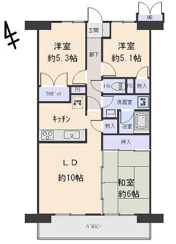 Floor plan. 3LDK, Price 10.8 million yen, Occupied area 62.97 sq m