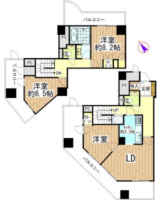 Floor plan. 3LDK, Price 34,500,000 yen, Footprint 100.37 sq m , Balcony area 43.56 sq m