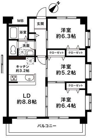 3LDK, Price 19,800,000 yen, Occupied area 65.16 sq m , Balcony area 9.5 sq m