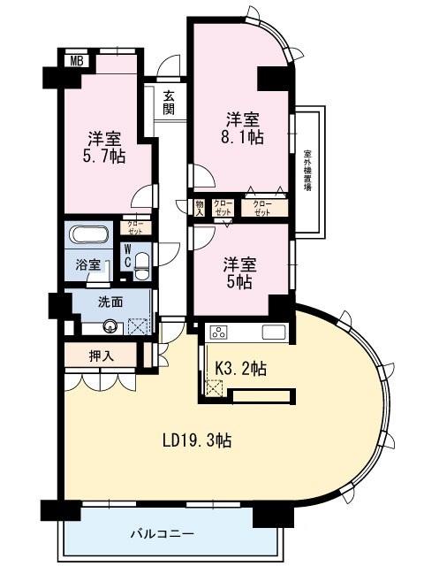 Floor plan. 3LDK, Price 19.5 million yen, Occupied area 91.96 sq m , Balcony area 9.64 sq m