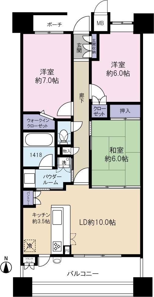 Floor plan. 3LDK, Price 27,800,000 yen, Footprint 74.1 sq m , Balcony area 11.88 sq m