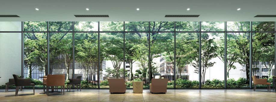 Forest lounge where you can enjoy panoramic Zelkova trees of Aoba through (Rendering CG. In fact a somewhat different in the things that caused draw on the basis of the drawings)
