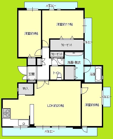 Floor plan. 3LDK, Price 28,900,000 yen, Footprint 123.74 sq m , Balcony area 33.94 sq m
