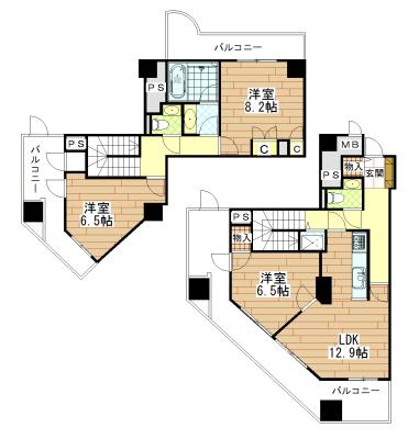 Floor plan. 3LDK, Price 34,500,000 yen, Footprint 100.37 sq m , Balcony area 43.56 sq m