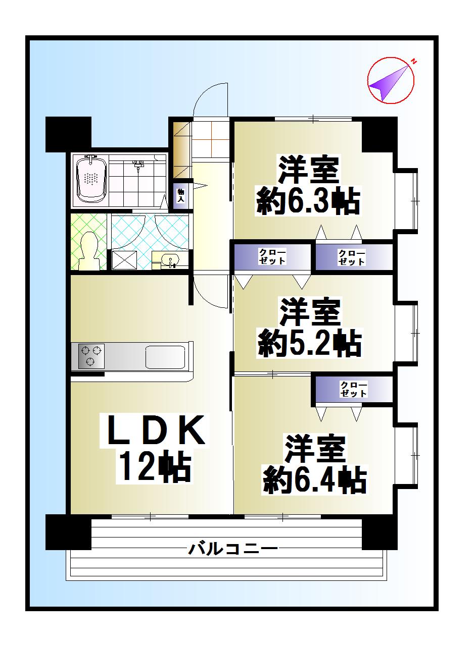 Floor plan. 3LDK, Price 19,800,000 yen, Occupied area 65.16 sq m , Balcony area 9.5 sq m