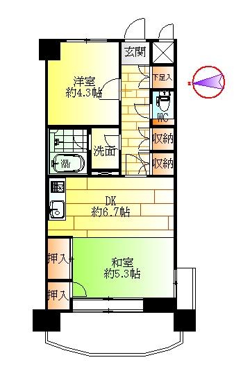 Floor plan. 2DK, Price 14.7 million yen, Occupied area 45.02 sq m , Balcony area 7.49 sq m