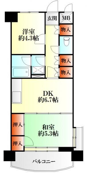 Floor plan. 2DK, Price 14.7 million yen, Occupied area 45.02 sq m , Balcony area 7.49 sq m