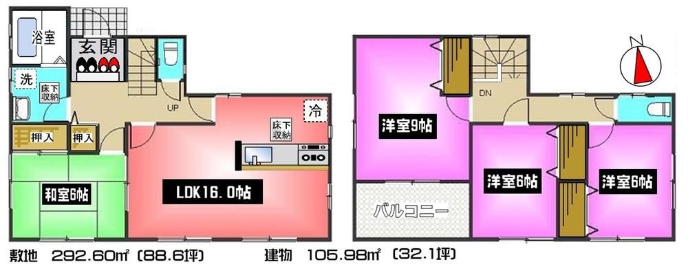 Floor plan. (1 Building), Price 28.8 million yen, 4LDK, Land area 292.6 sq m , Building area 105.98 sq m