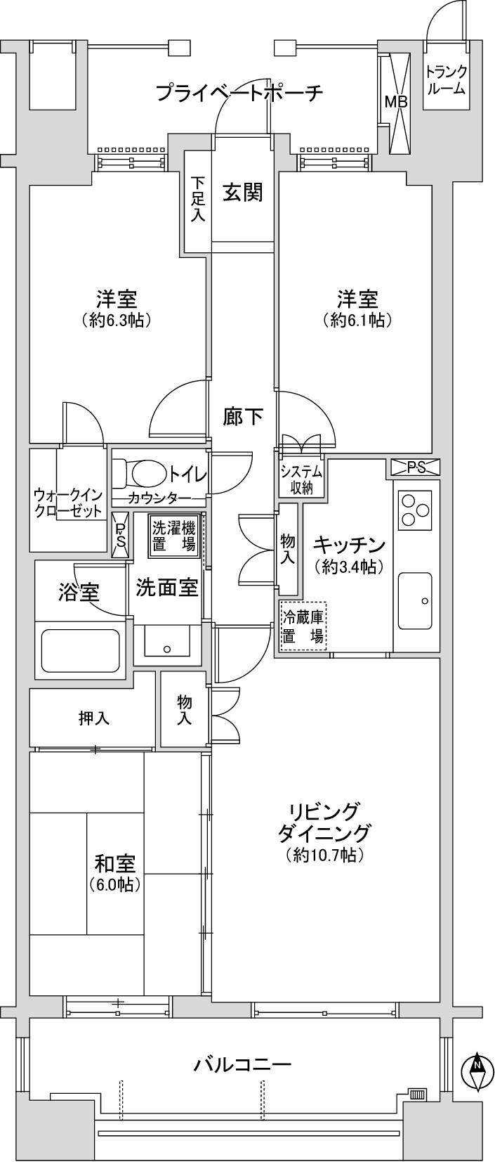 Floor plan. 3LDK, Price 33,500,000 yen, Occupied area 72.46 sq m , Balcony area 12 sq m   [Floor plan] ... All rooms have lighting equipment!