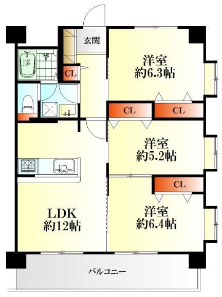 Floor plan. 3LDK, Price 19,800,000 yen, Occupied area 65.16 sq m , Balcony area 9.5 sq m