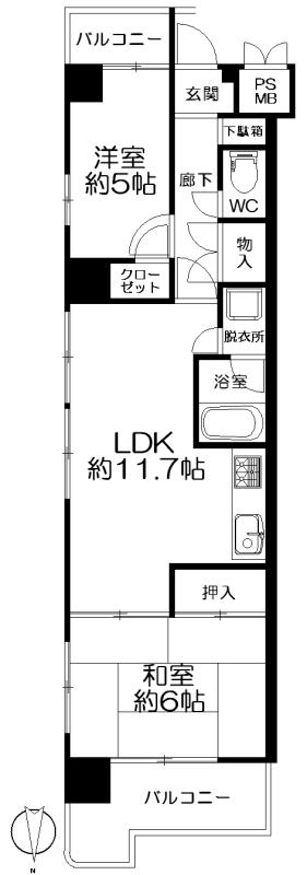 Floor plan. 2LDK, Price 12.8 million yen, Occupied area 53.46 sq m , Balcony area 6.45 sq m floor plan