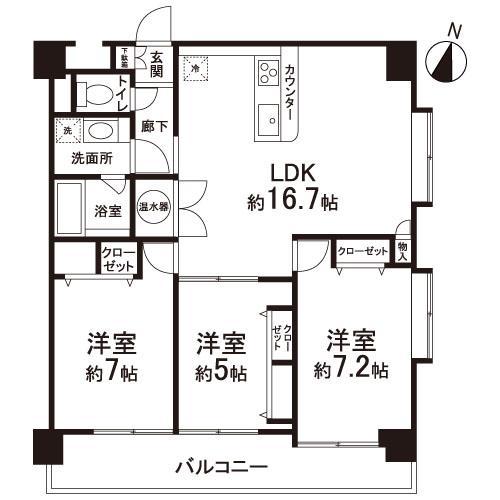 Floor plan. 3LDK, Price 22,700,000 yen, Occupied area 77.51 sq m , Balcony area 11.06 sq m