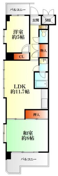 Floor plan. 2LDK, Price 12.8 million yen, Occupied area 53.46 sq m , Balcony area 6.45 sq m