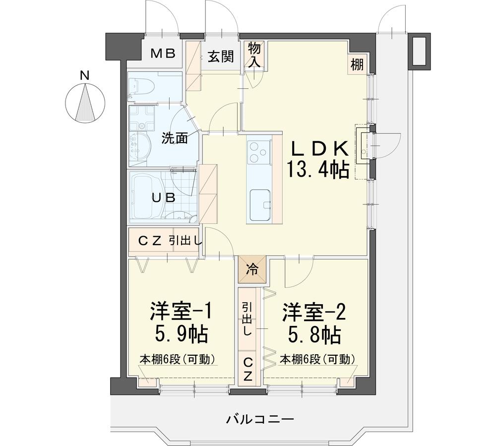2LDK, Price 15.4 million yen, Occupied area 55.42 sq m , Balcony area 16.05 sq m