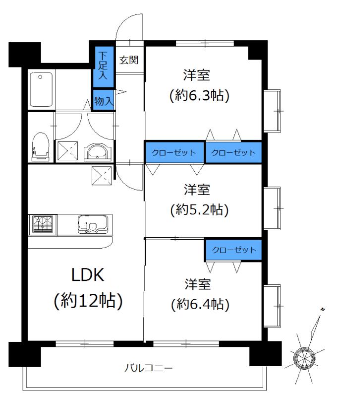 Floor plan. 3LDK, Price 19,800,000 yen, Occupied area 65.16 sq m , Balcony area 9.5 sq m