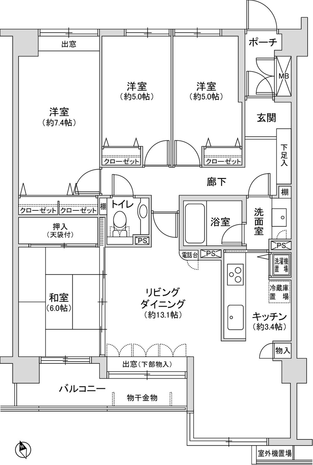 Floor plan. 4LDK, Price 35,800,000 yen, Occupied area 92.64 sq m , Space with a sharp born in be clearly distinguished from the balcony area 6.88 sq m living and dining. 2WAY kitchen in consideration of the housework flow line.
