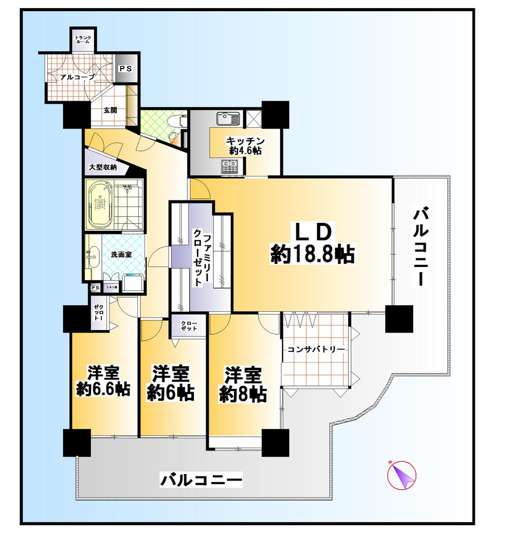 Floor plan. 3LDK, Price 45 million yen, Footprint 111.61 sq m , Balcony area 43.27 sq m