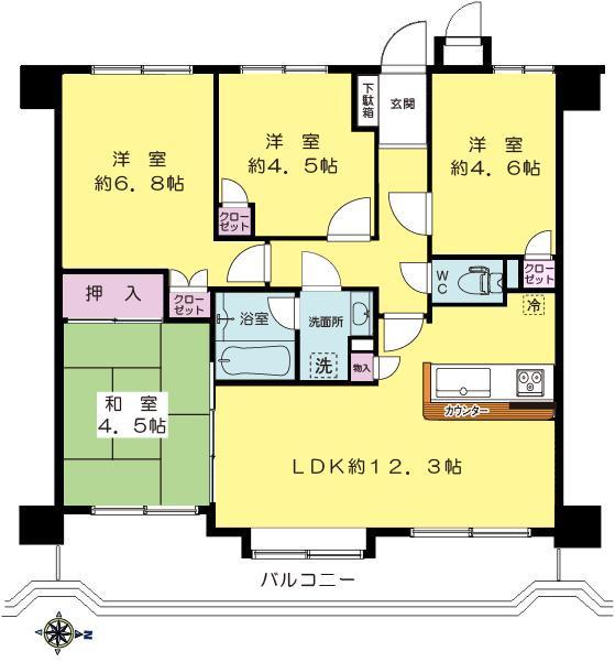 Floor plan. 4LDK, Price 18,800,000 yen, Occupied area 70.92 sq m , Balcony area 12.49 sq m interior renovated