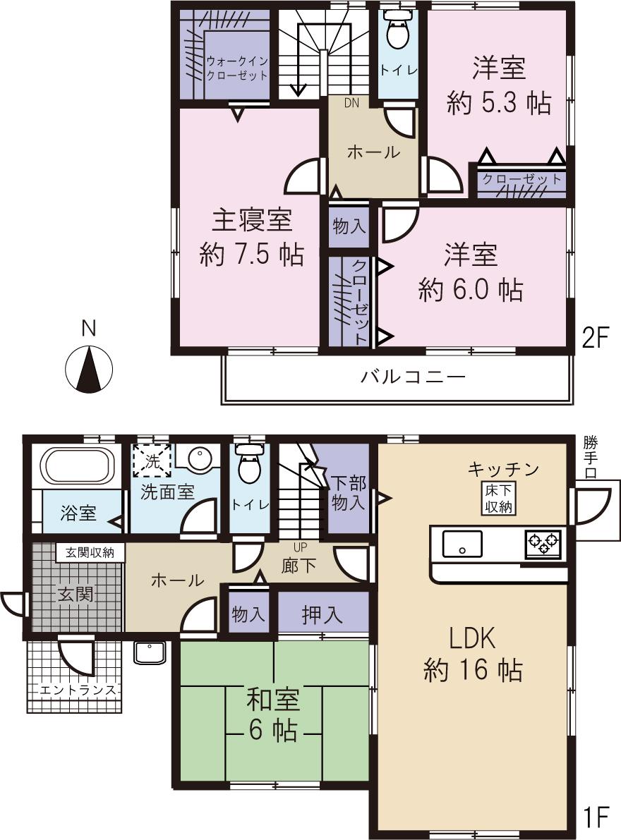 Floor plan. 22,800,000 yen, 4LDK, Land area 211.77 sq m , Building area 105.99 sq m 2 floor All guestrooms at Corner Room. Walk-in closet with. Counter Kitchen. There housed in the kitchen aside.