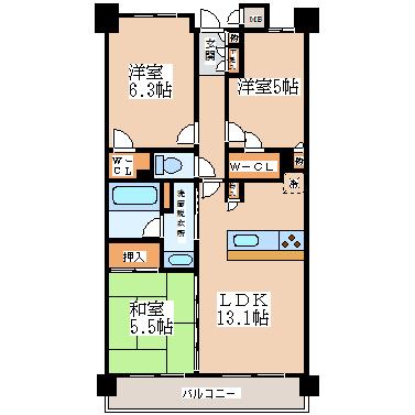 Floor plan. 3LDK, Price 27,900,000 yen, Occupied area 65.65 sq m , Balcony area 12.4 sq m