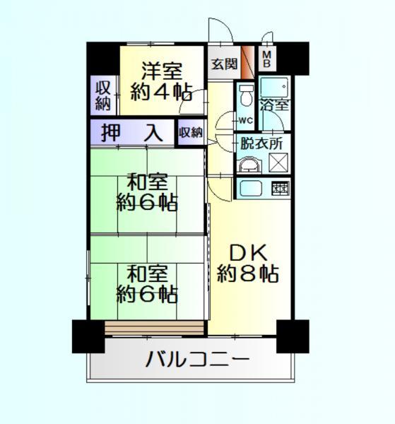 Floor plan. 3DK, Price 14.8 million yen, Occupied area 51.75 sq m , Balcony area 9.36 sq m