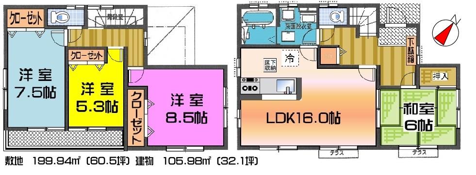 Floor plan. (1 Building), Price 28,300,000 yen, 4LDK, Land area 199.94 sq m , Building area 105.98 sq m
