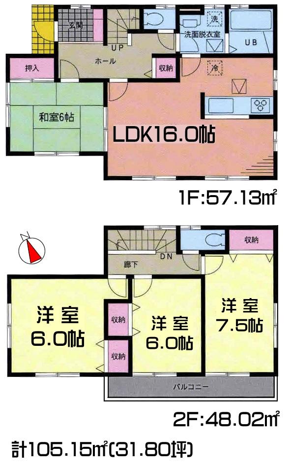 Floor plan. 35,300,000 yen, 4LDK, Land area 290.76 sq m , Building area 105.15 sq m JHS ground guarantee housing ・ Flat 35S corresponding ・ Deposit money system usage based on the residential warranty fulfillment method ・ Under the floor the entire circumference ventilation system ・ Basic packing method