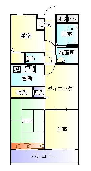 Floor plan. 3DK, Price 9.2 million yen, Occupied area 54.46 sq m , Balcony area 7.02 sq m