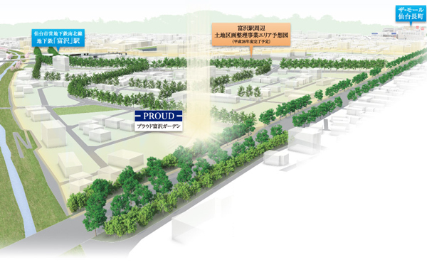 Surrounding environment. Streets CG illustrations, It was developed with the aerial photo (2013 January shooting) on ​​the basis of the brochure of Sendai Tomizawa Station land readjustment project of issuance Sendai, In fact a slightly different. Also, Because it is currently in enforcement around land readjustment project Sendai Tomizawa Station, There is a possibility that a change in the future. Park planned site in the illustrations is scheduled for 2014 construction completion. For park facility and start of service time of the play equipment, etc. will be undecided (business area City average CG illustrations organized around land parcels Sendai Tomizawa Station)
