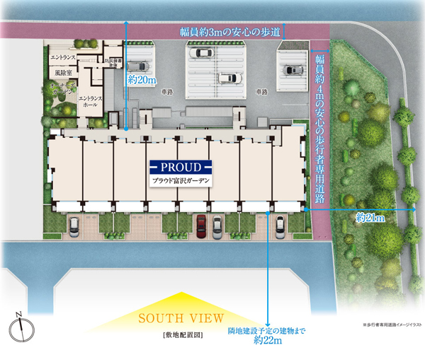 Buildings and facilities. Dwelling unit plans that take advantage of the open exclusive location. 3-way is born to open a land facing the road.  ※ Site layout CG is, You might be slightly different from the actual by the convenience of the construction such as in those that caused draw based on the drawings. Planting does not indicate a particular season. Also, We do not grow to about Rendering CG at the time of completion.  ※ Plan of adjacent land building are subject to change.