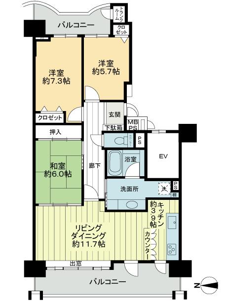 Floor plan. 3LDK, Price 26,800,000 yen, Occupied area 84.22 sq m , Balcony area 19.09 sq m 3LDK