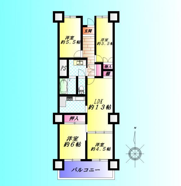 Floor plan. 4LDK, Price 9.5 million yen, Occupied area 73.92 sq m , Balcony area 6.94 sq m